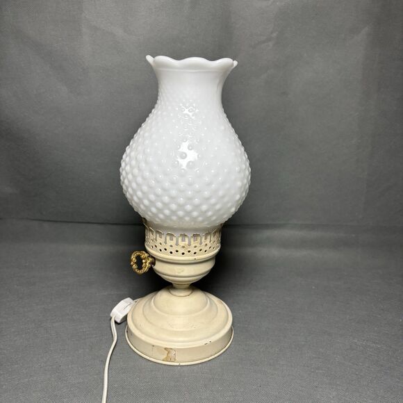 Vintage Milk Glass Hobnail & Brass Electric Boudoir Lamp Footed Footed-WORKS - Picture 2 of 8